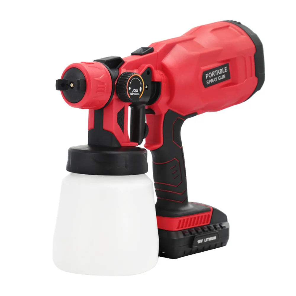 Cordless paint spray gun with blue housing and 800ml paint container showing 1.8mm nozzle