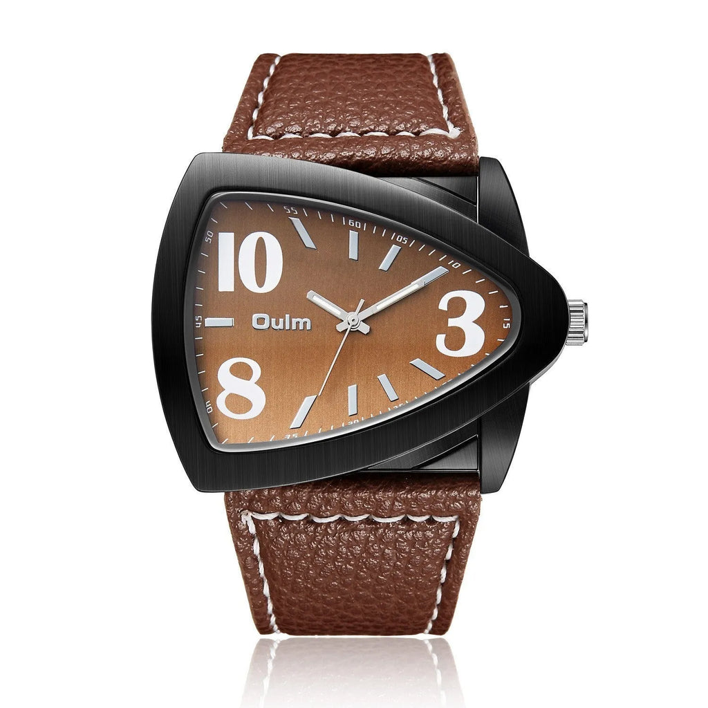 Men's brown casual watch with a patterned triangle belt strap and quartz dial.