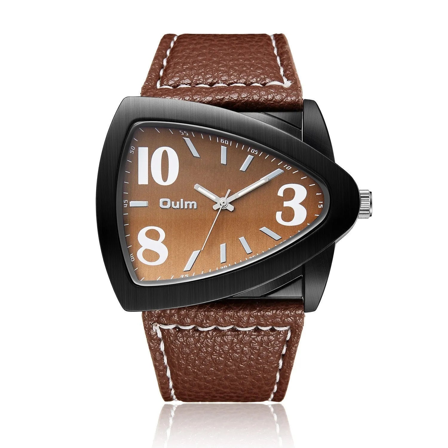 Men's brown casual watch with a patterned triangle belt strap and quartz dial.