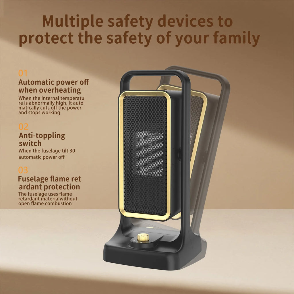 Black PTC ceramic desktop heater with control knob and compact design for room heating