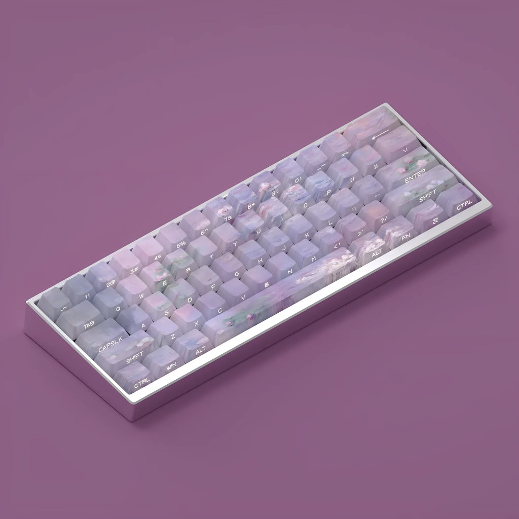 Sleeping lotus themed PBT keycap set with side-carved transparent characters for mechanical keyboards