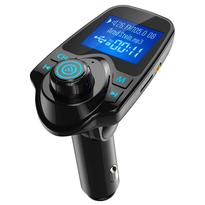 Black car Bluetooth FM transmitter and hands-free kit plugged into a 12V socket.