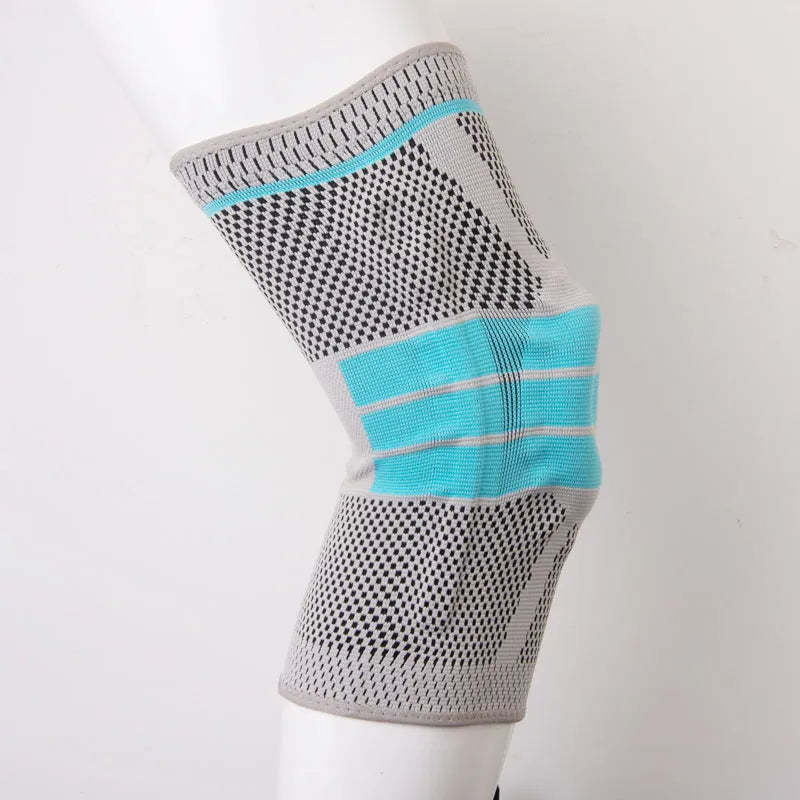 Sky blue elastic fibre knee pads shown in sizes S, M, L, and XL for sports.