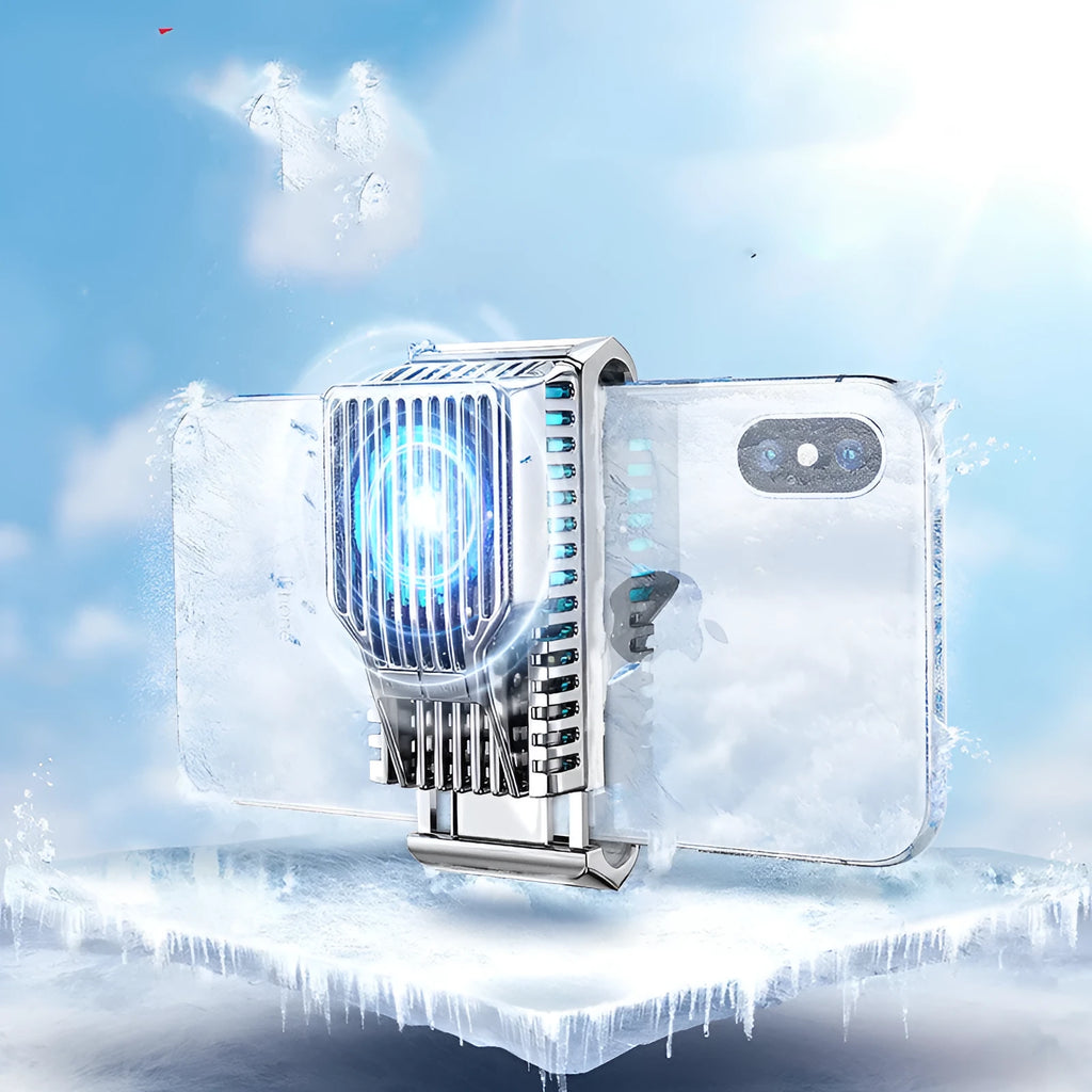 Black mobile phone cooling fan with clip attached to a smartphone, showing aluminium alloy heatsink fins.