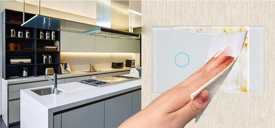 White two-gang RF touch light switch with tempered glass panel shown front on.