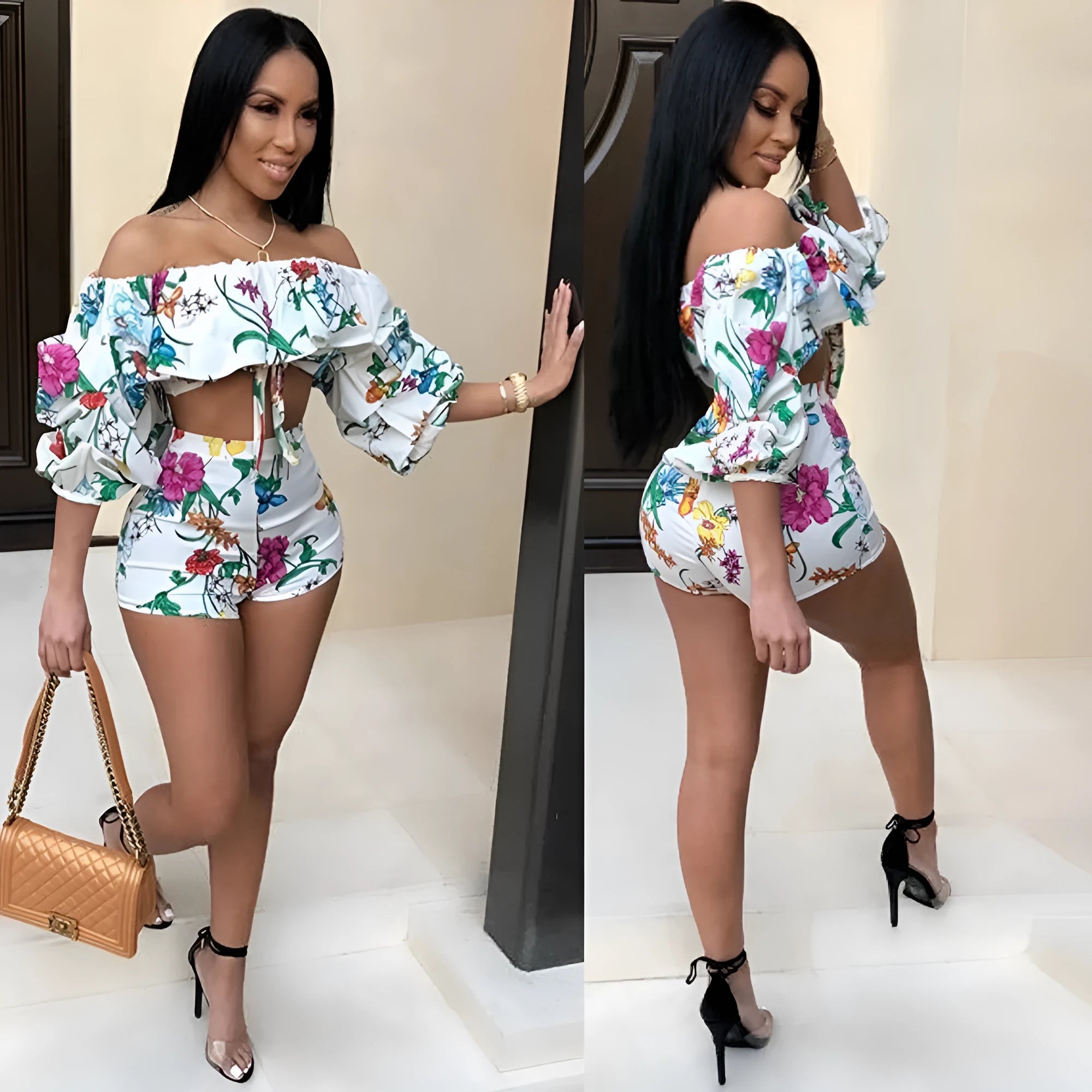 Multicolour digitally printed women's two-piece lounge set with pile sleeves and shorts.