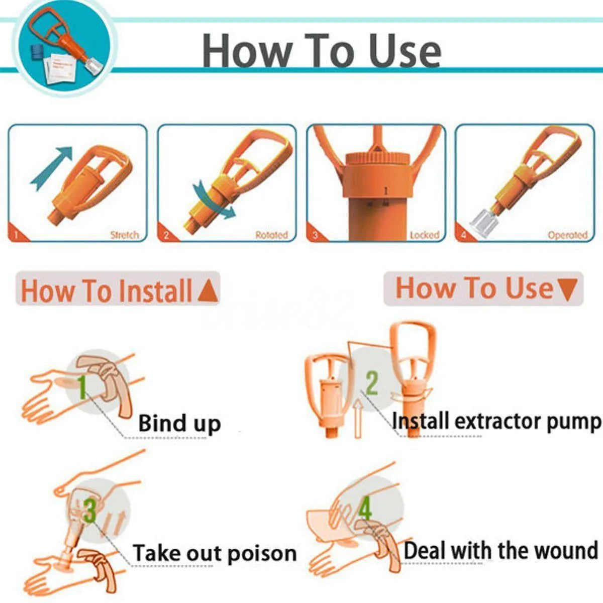 Orange outdoor venom vacuum suction device with two suction cup sizes and first aid accessories