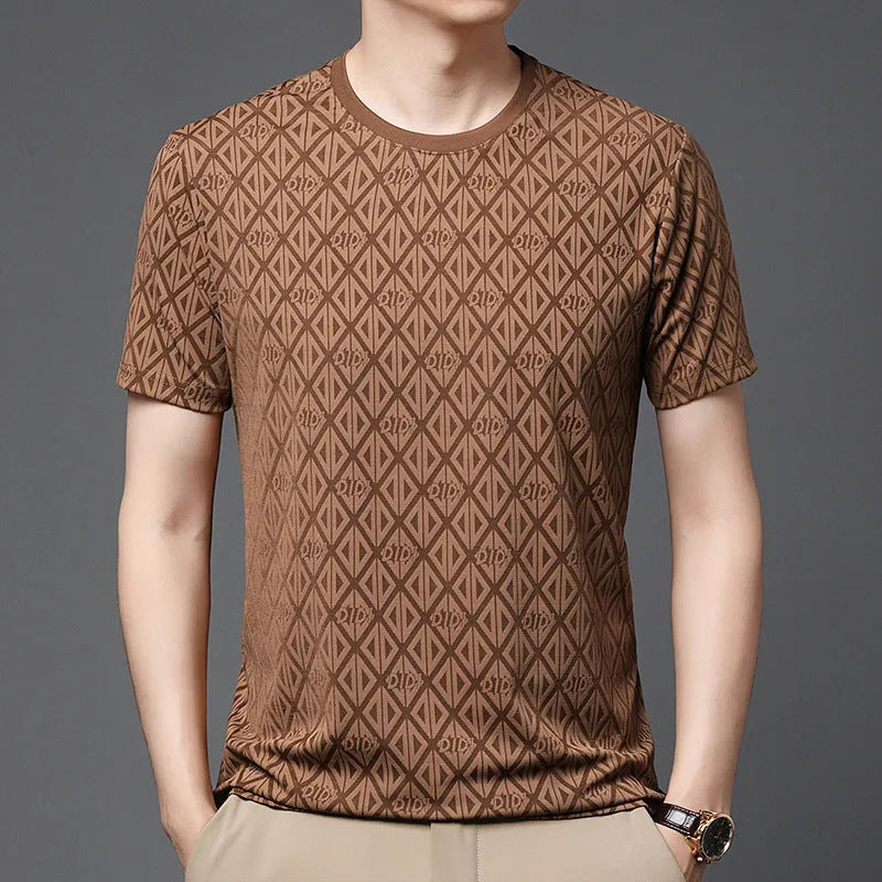 Men's round neck jacquard short sleeve t-shirt in ice silk fabric, loose fit casual pullover