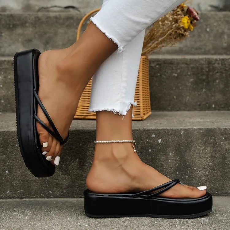 Thick sole flip-flops with herringbone pattern PU upper in multiple colour options