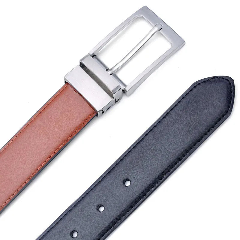 Men's rotating pin buckle leather belt in dark brown with genuine leather strap