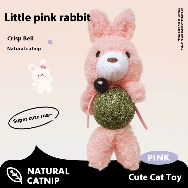 Plush catnip toy shaped as a character with bell, showing 15cm height with 4cm scent ball inside.