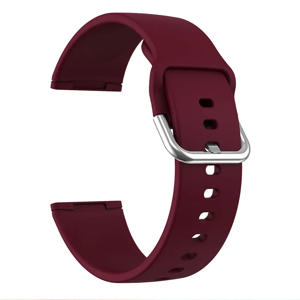 Silicone replacement strap with silver buckle for Fitbit Versa 3 and Sense 2 in a selection of solid colours.