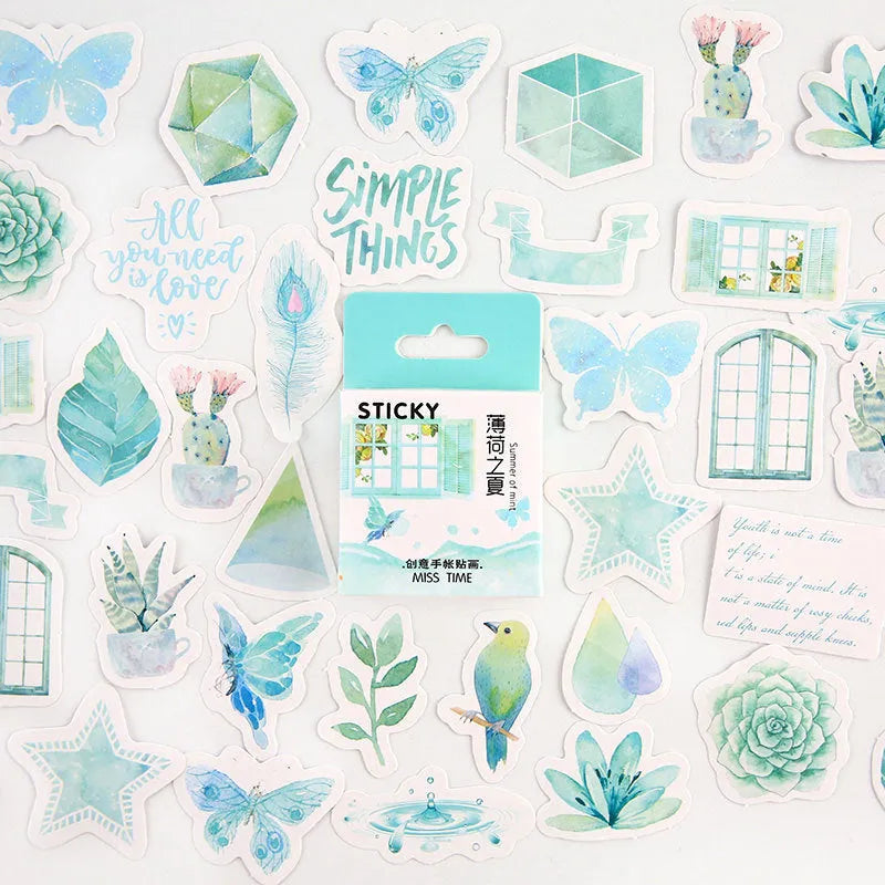 46-piece decorative cartoon sticker pack for journals with small 30x37mm designs in nine colour themes
