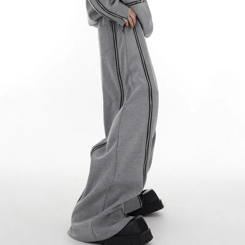 Men's full-body zip padded shoulder round neck tracksuit set in black and grey, loose fit