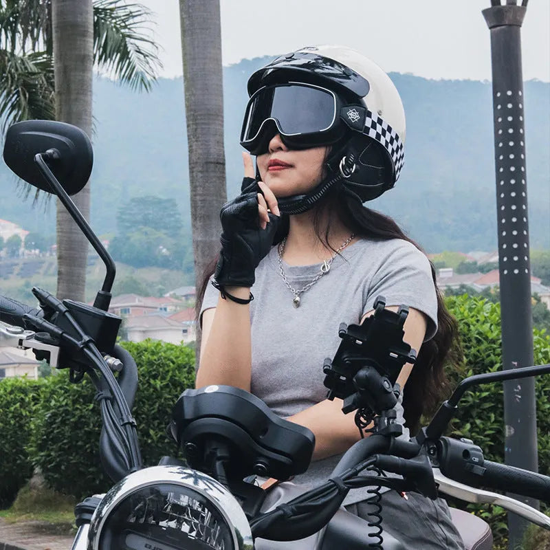 Retro-style motorcycle helmet on a solid background showing Ivory White, Starry Sky Black, Matte Black, and Cement Grey colour options.