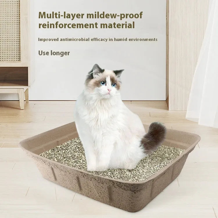 Brown disposable waterproof cat litter box with biodegradable cardboard construction showing three size options