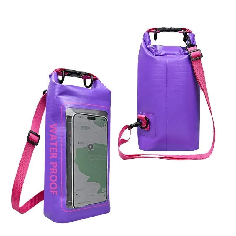 Black waterproof crossbody PVC bag for mobile phones, shown in 2L and 5L sizes.