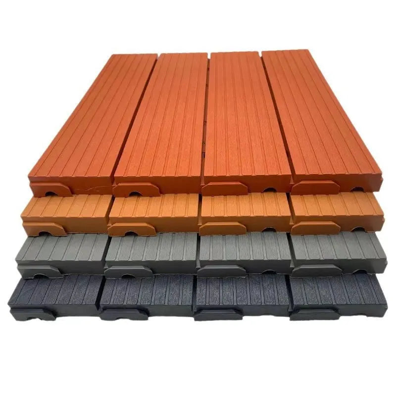 Pack of ten interlocking wood grain plastic floor tiles showing non-slip textured surface.