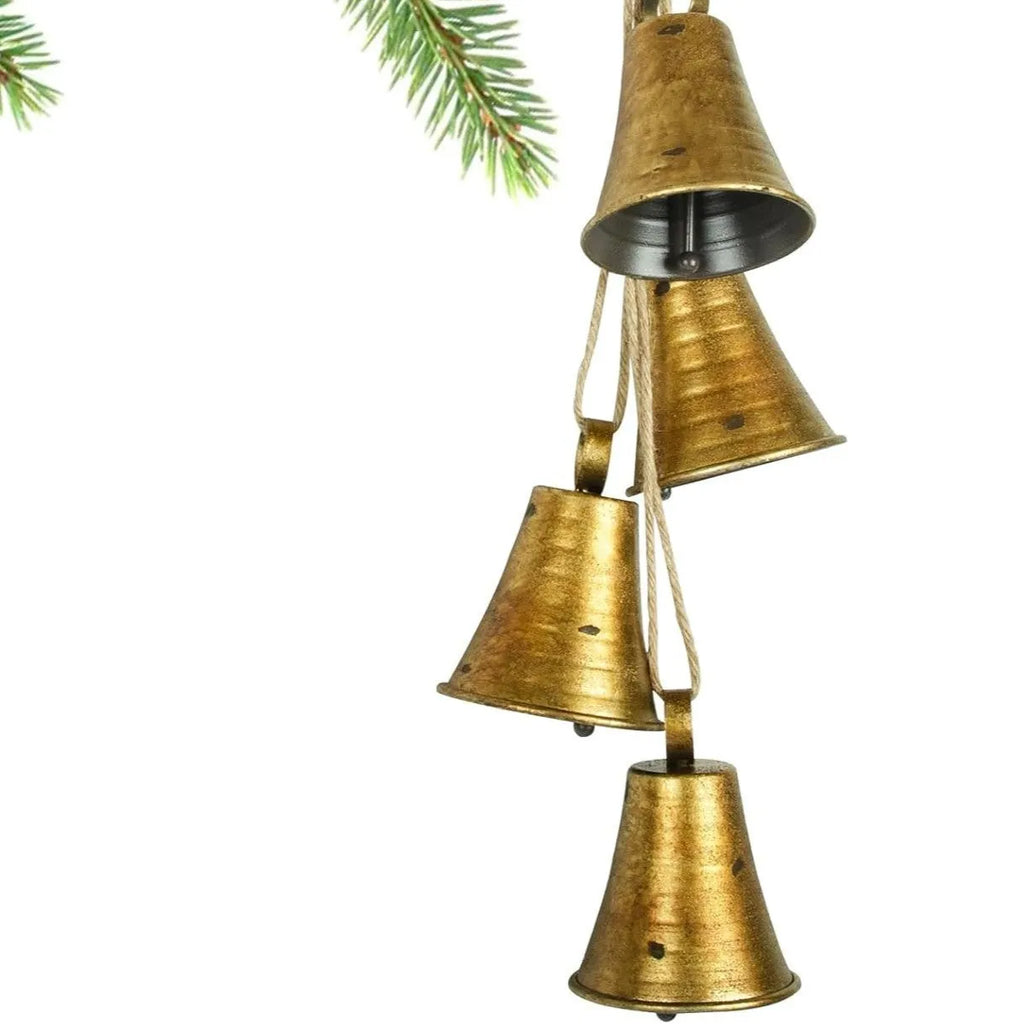 Set of four retro country handmade metal bells in rustic style, each 11.5 x 8.5 cm, on white background