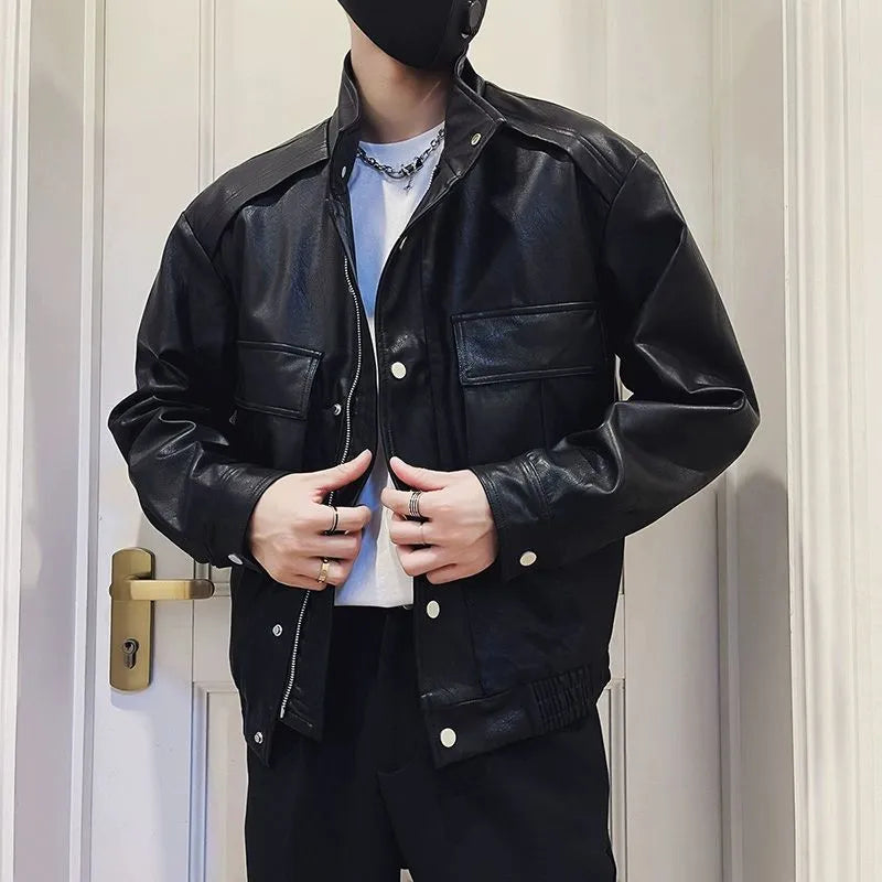 Korean style black PU leather pilot jacket with straight hem design for men