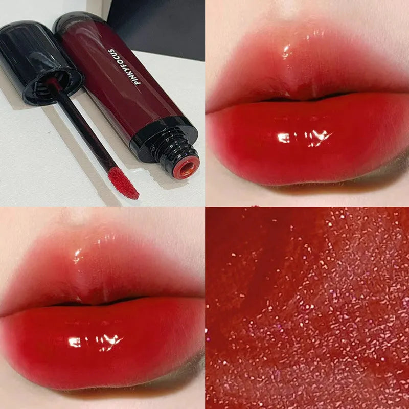 Black Shiny Makeup Mirror Lip Lacquer tube showing six colour options including tomato, orange brown, brown, rose, red, and sweet potato shades