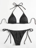 Women's split bandage bikini swimsuit in polyester fabric showing six colour options