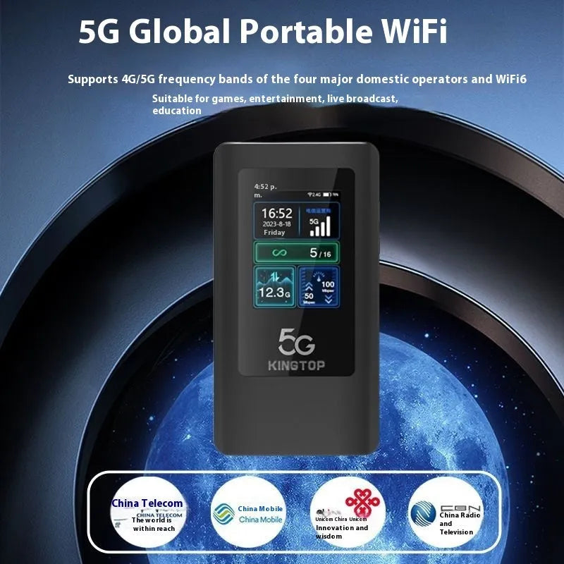 Black portable 5G Wi-Fi router with LCD display screen showing signal status.