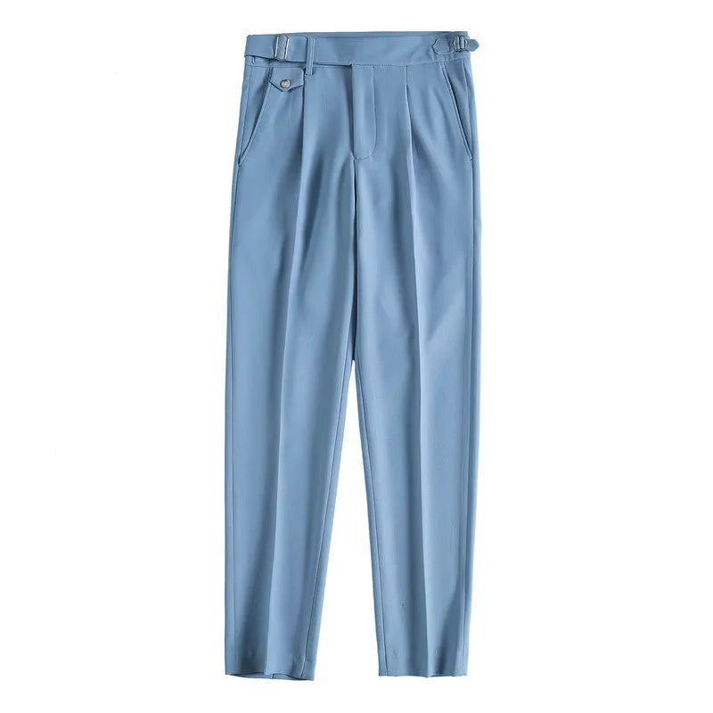 Straight-leg casual trousers in solid colour on hanger showing waistband and leg detail