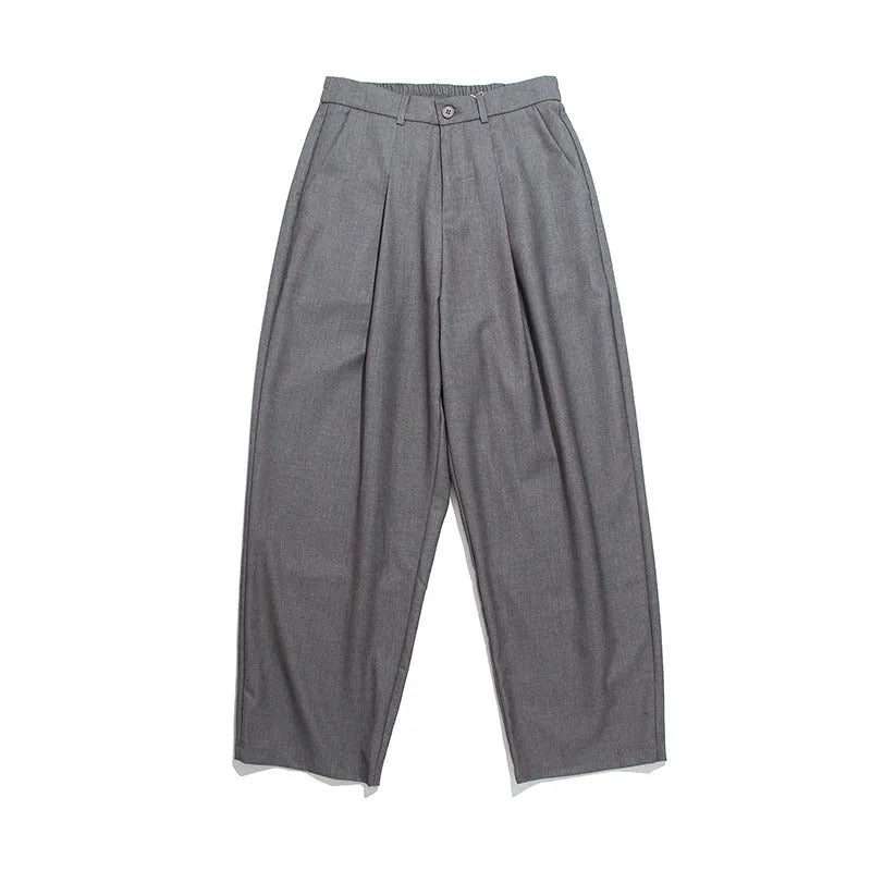 Men's straight casual trousers in black, loose fit, front view, polyester blend fabric