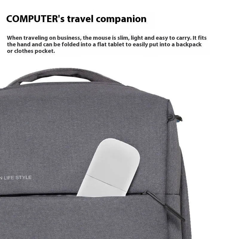 Folding touch wireless mouse in black showing compact folded and unfolded positions with Bluetooth connectivity