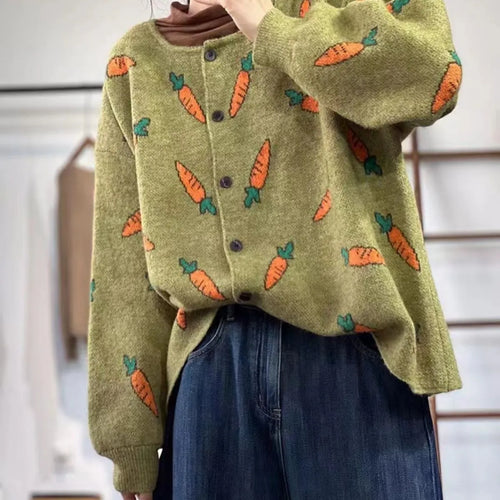Round neck viscose cardigan with artistic colour contrast printing, loose fit casual sweater