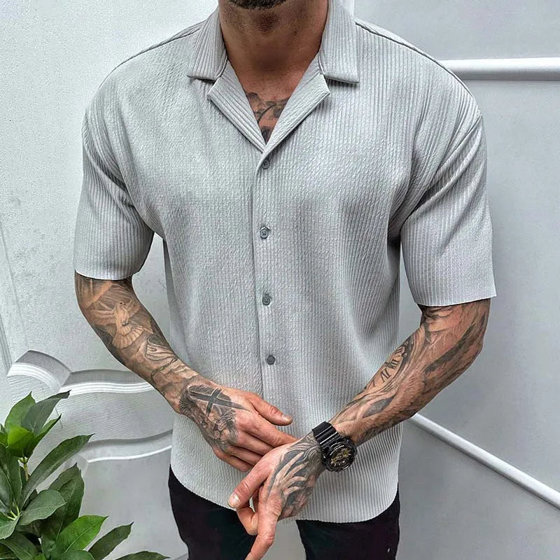 Men's cotton blend short sleeve cardigan in solid colour, front view, available in black
