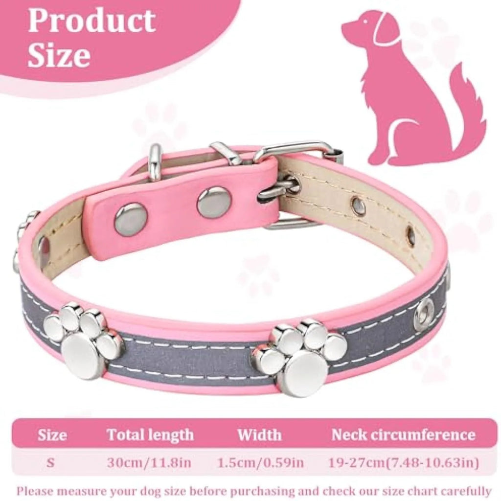 Reflective adjustable dog collar with paw-shaped rivets on PU leather in multiple sizes