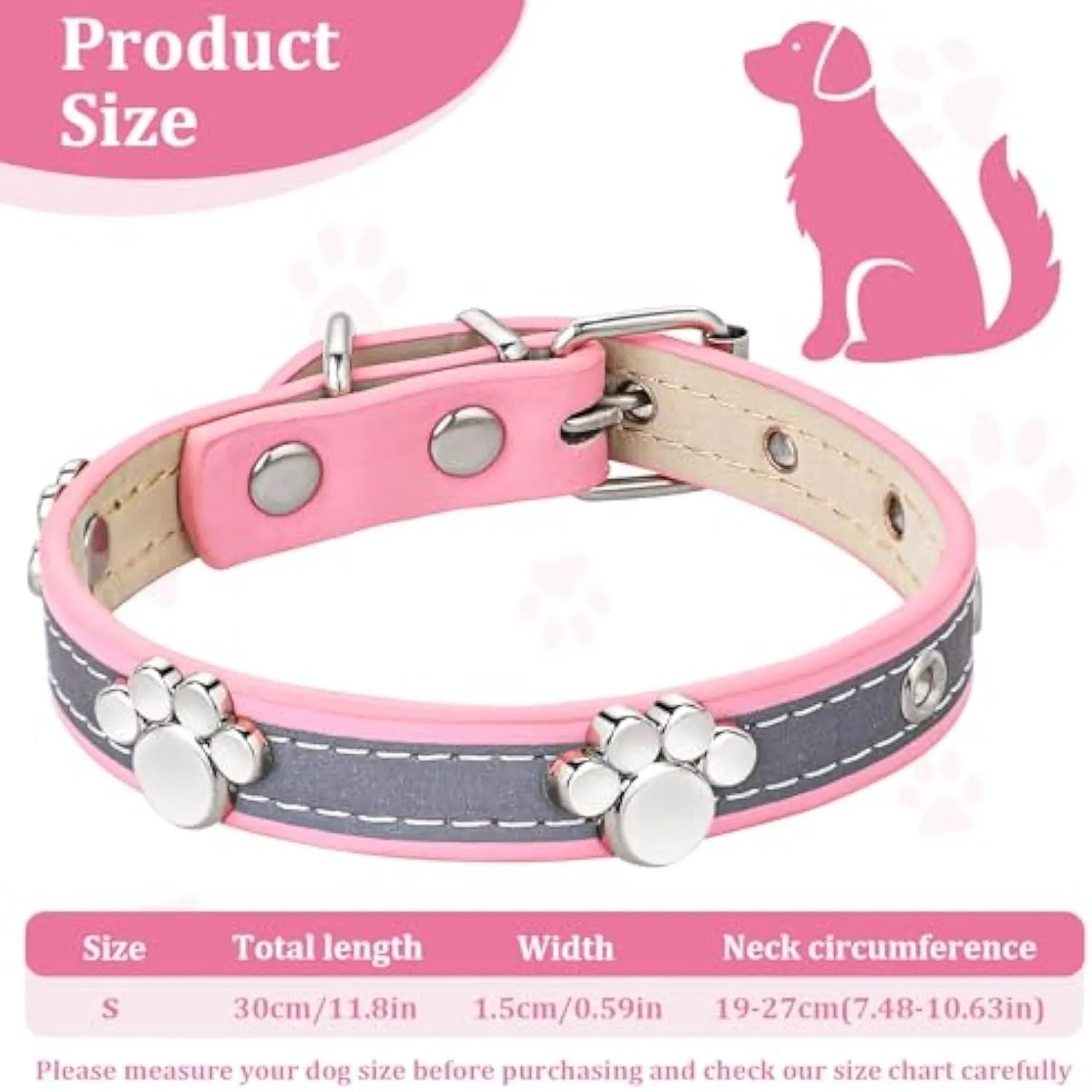 Reflective adjustable dog collar with paw-shaped rivets on PU leather in multiple sizes