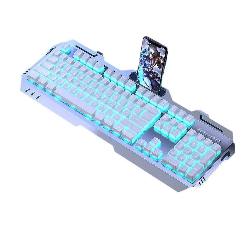 Aluminium mechanical gaming keyboard with a silver black finish and a central control knob.