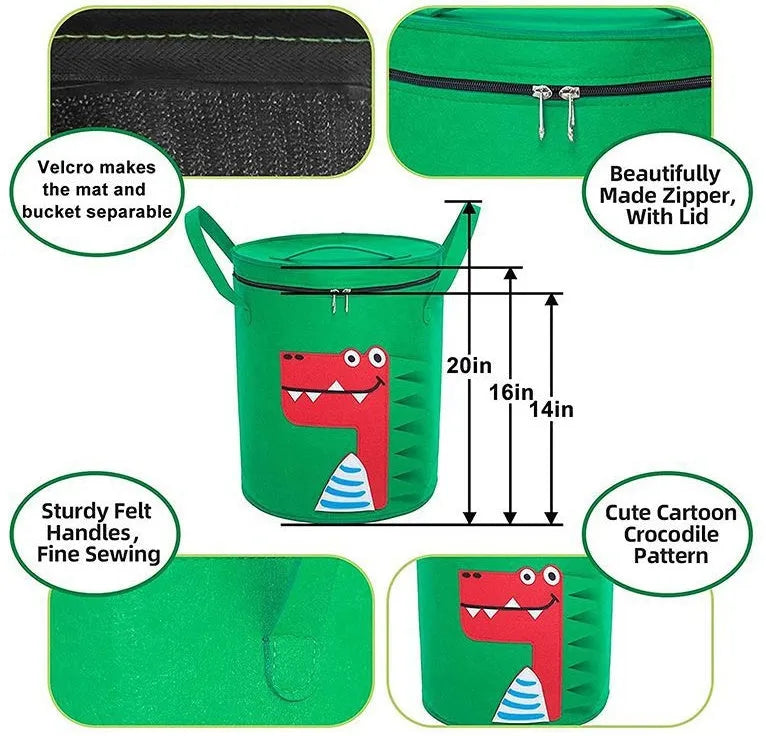 Green felt cube storage bag with a pull rope, laid flat as a play mat.