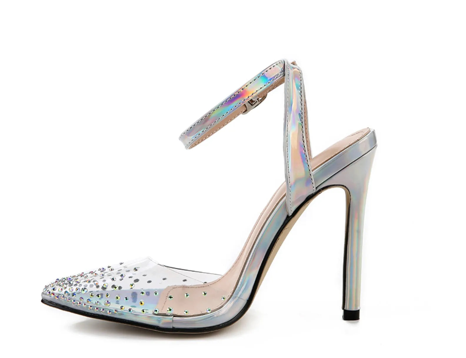 Women's pointed toe diamond sandals with stiletto heel on a white background.