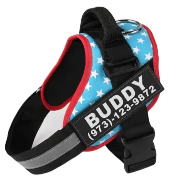 A reflective adjustable dog harness vest shown on a dog, with a handle and D-ring for leash attachment.