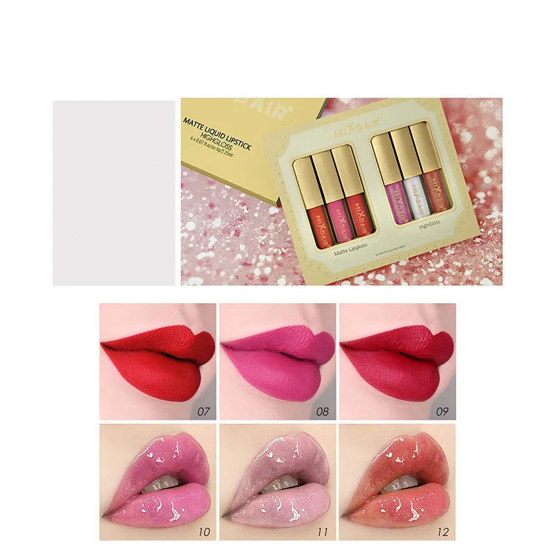 Matte high gloss lip gloss lipstick set with mica shimmer, two shades A and B