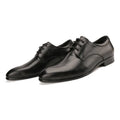 Men's black leather derby shoes with pointed toe and sewing details on antiskid rubber sole