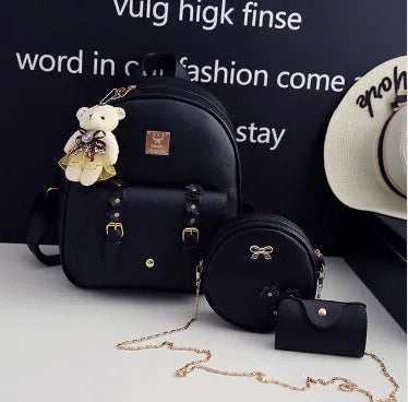 Women's floral pu leather three-piece bag set showing backpack, shoulder bag, and card purse.