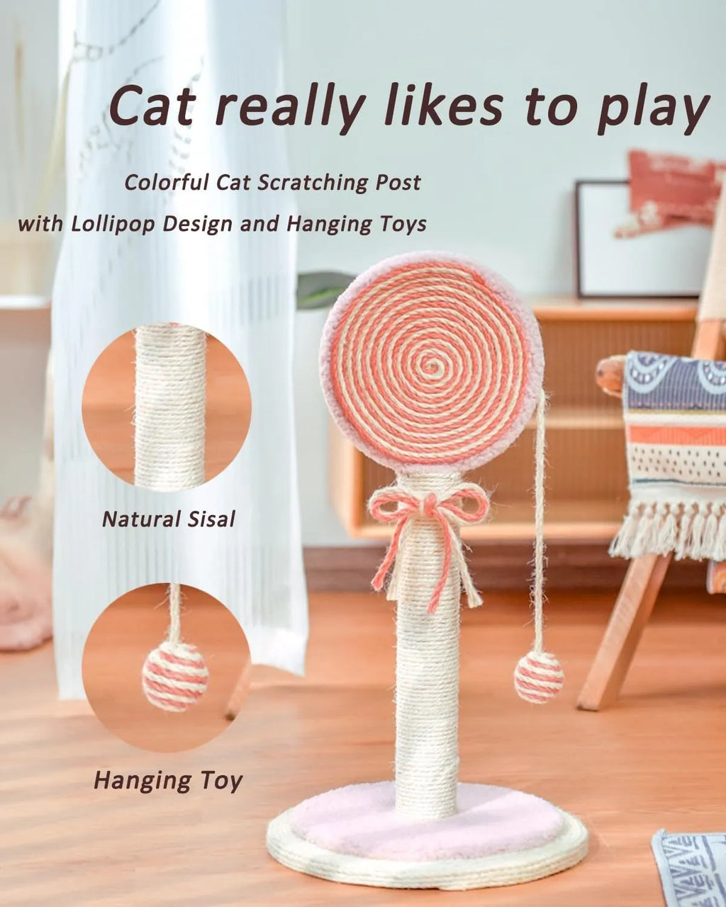Blue sisal rope cat scratching post with a hanging toy ball on a sturdy wooden base.