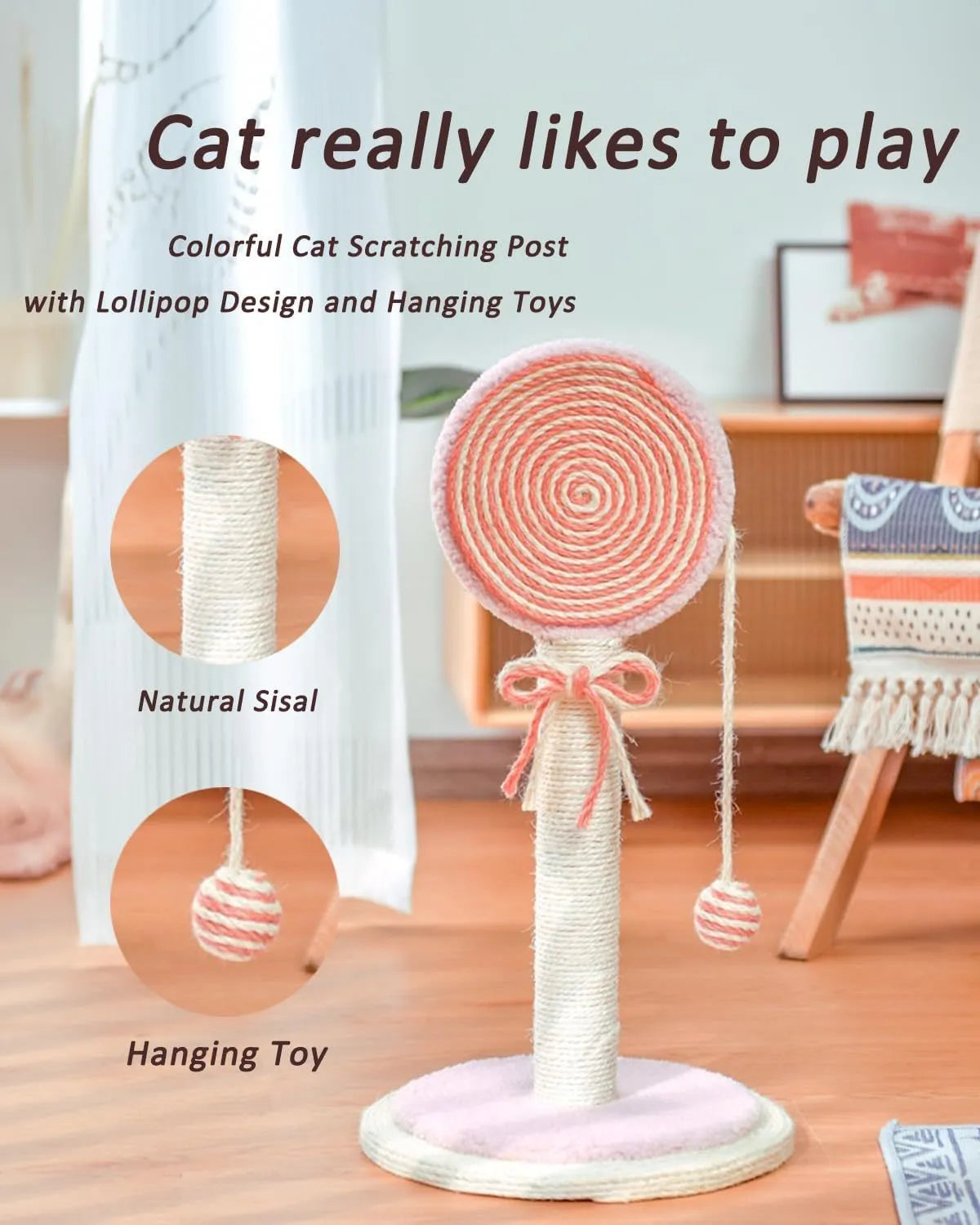 Blue sisal rope cat scratching post with a hanging toy ball on a sturdy wooden base.