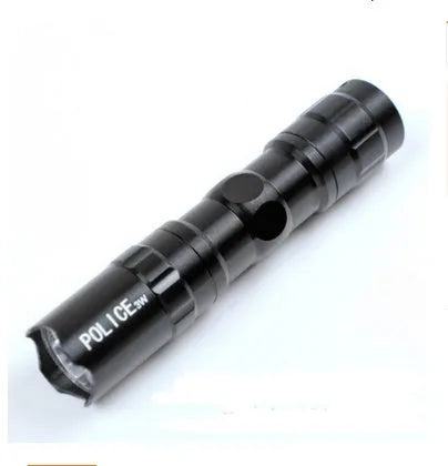 Small black aluminium LED mini flashlight shown next to a AA battery for scale.