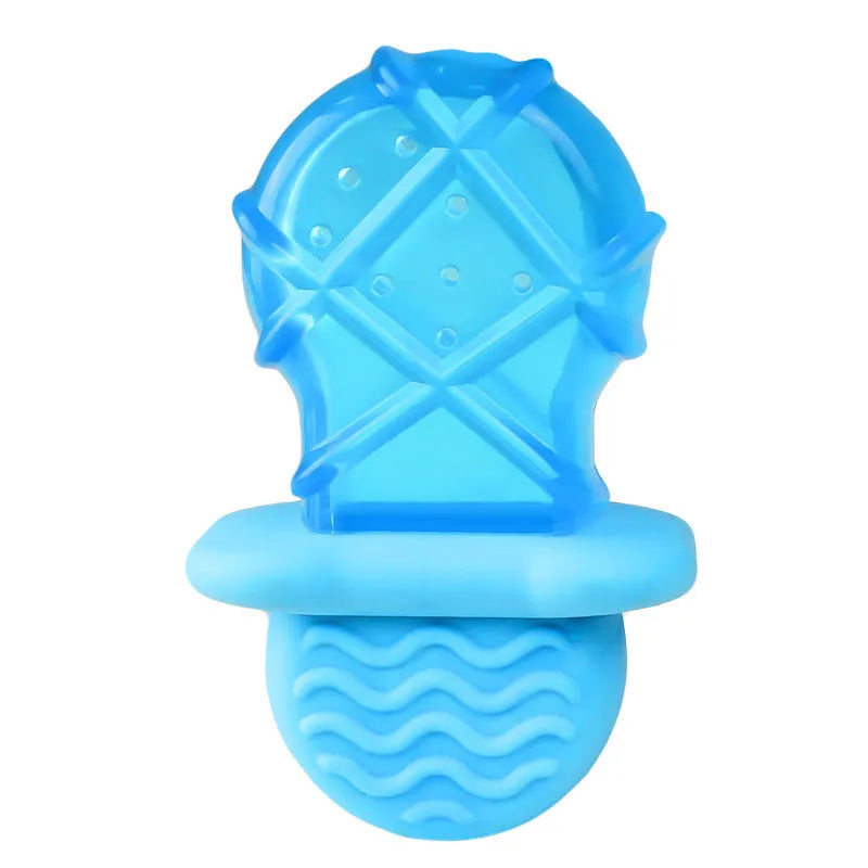 Set of three hollow silicone dog toys: a blue pacifier, a red popsicle, and a green ring for filling with water and freezing.