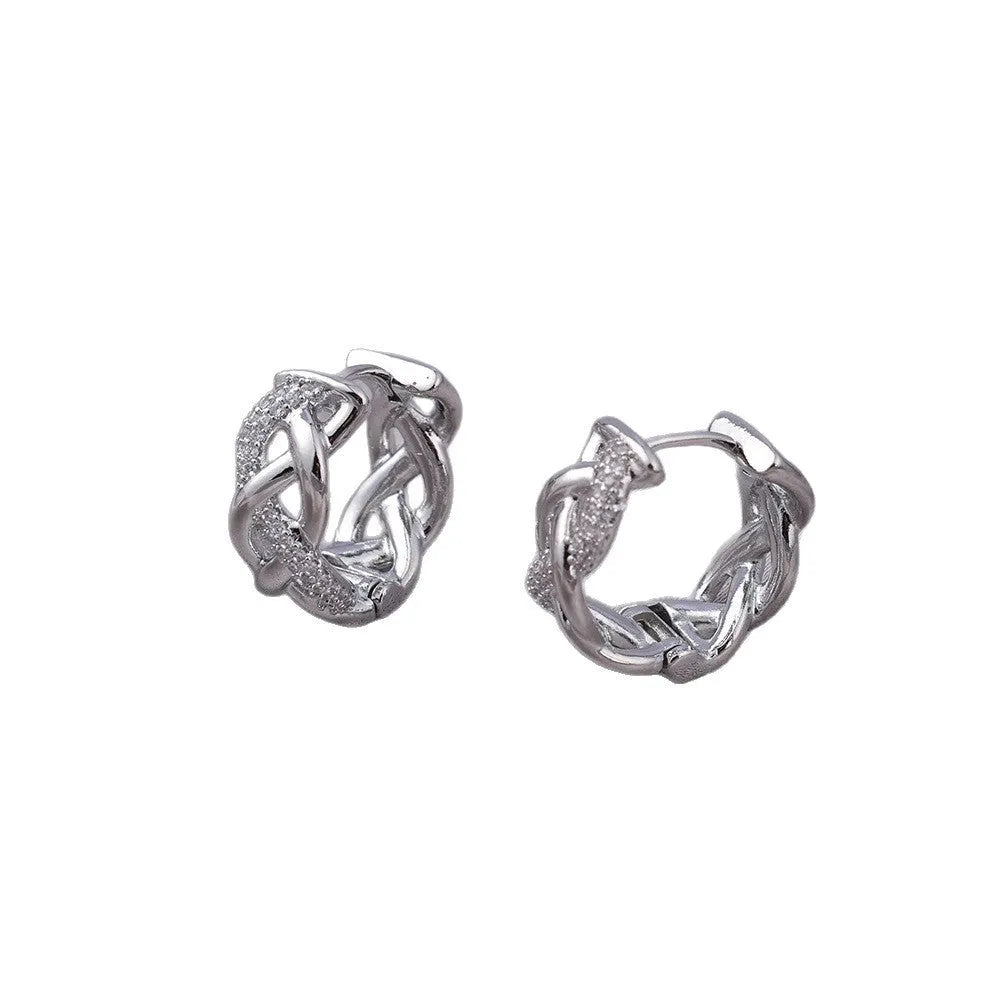 Gold-plated micro zircon stud earrings with woven twisted copper geometry design