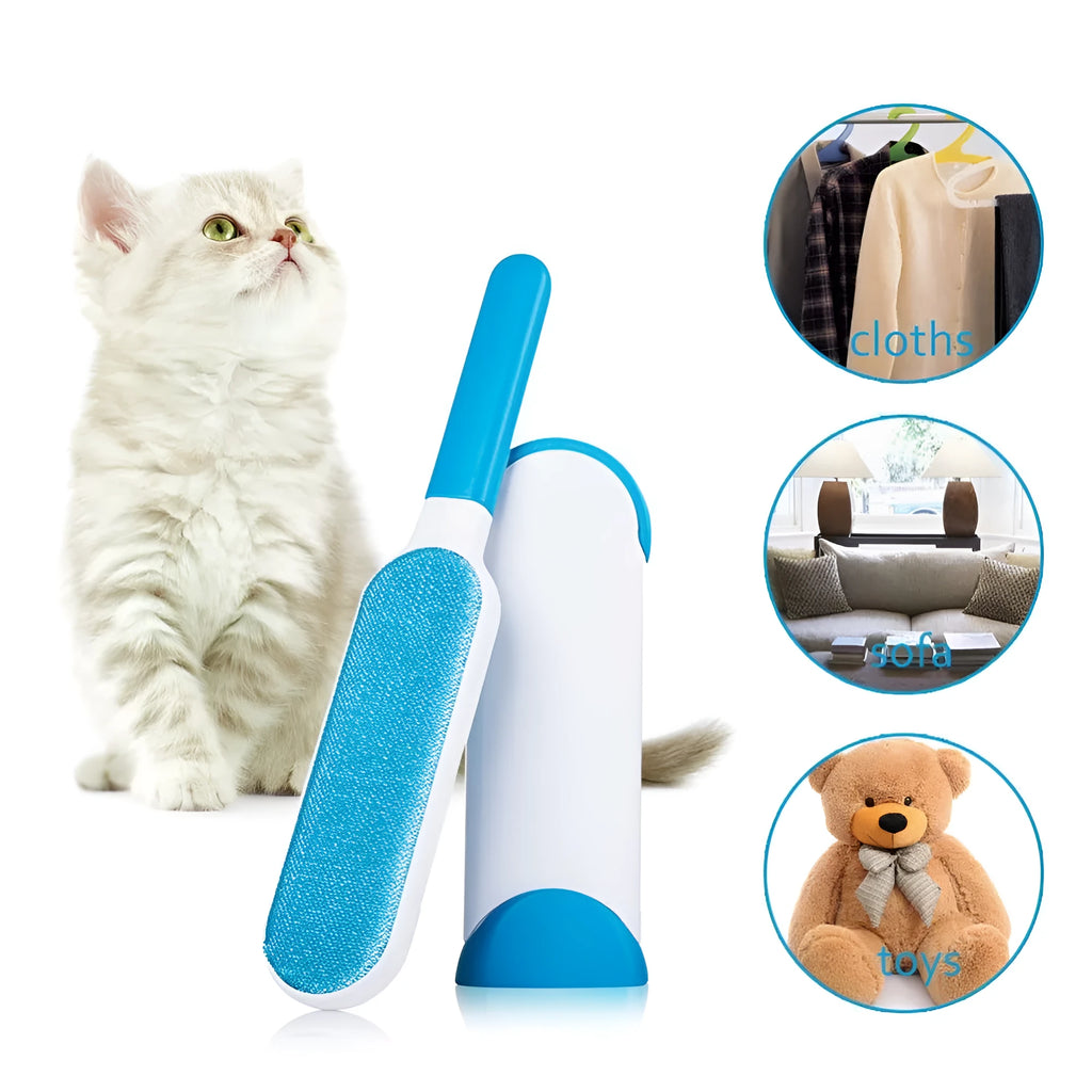 Blue reusable pet hair removal comb with double-sided flannel brush and self-cleaning base for sofas.