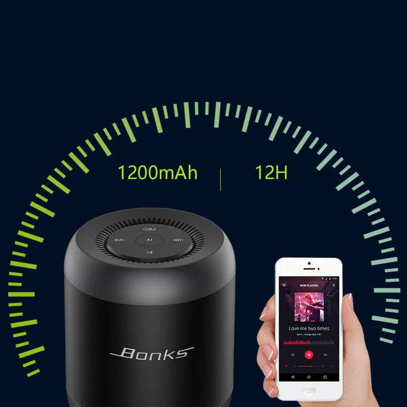 Black and white Bluetooth speaker with AI voice control showing USB port and control buttons