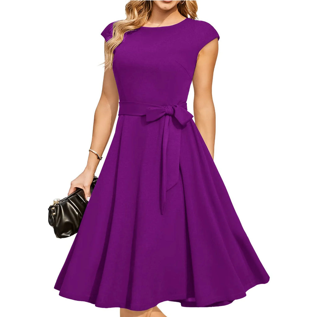 Women's sleeveless lace-up waist party dress with oversized swing mid-length skirt