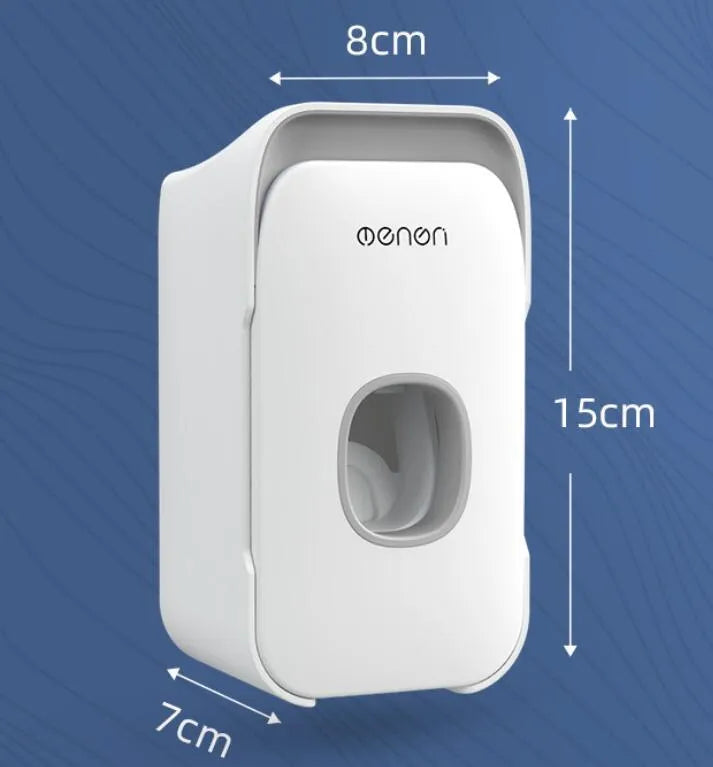 Automatic toothpaste dispenser in blue colour mounted on bathroom wall